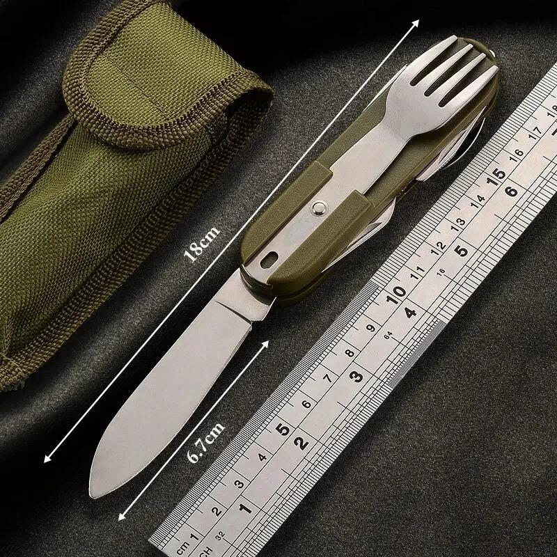 Outdoor Camping Portable Tableware Set Foldable Stainless Steel Knife Fork Spoon Bottle Opener Multifunctional Wilderness
