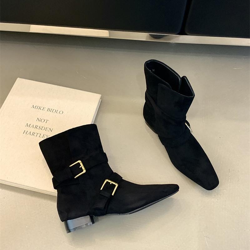 Fashion Vintage Women Slimming Ankle Boots Fashion Belt Buckle Female Concise Low Heel Short Booties