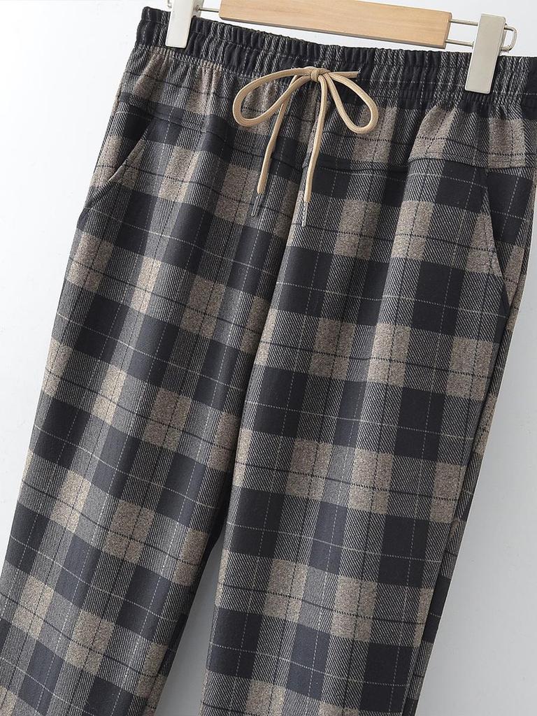 Spring Style Fashionable Plaid Elastic High Waist Pants for Middle-aged and Elderly Women