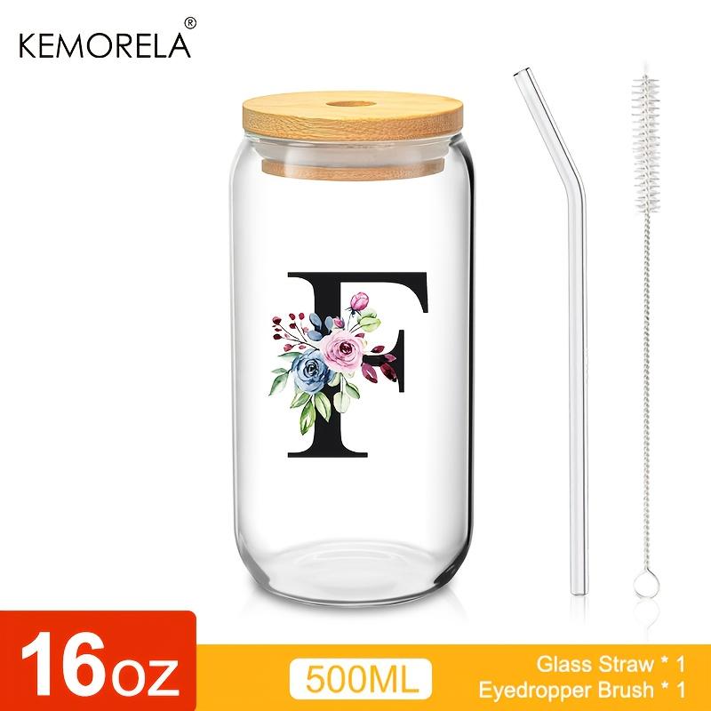 1 STÜCK 24 Buchstaben Glas Trinkbecher mit Bambusdeckel Strohhalm Individuelle Eiskaffeetasse 470ML Klares Mason Jar Bier Smoothie Cocktail