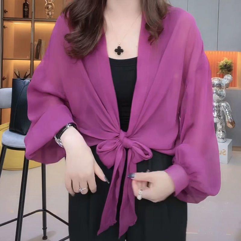 

Women s Chiffon Sun Protection Cardigan Lightweight Sheer Tie-Front Kimono Casual Loose Long Sleeve Shawl Air Conditioning Shirt for Summer XL