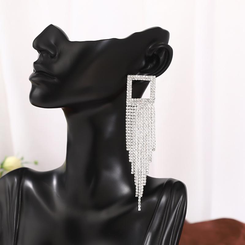 Silver Tide Full Diamond Tassel Personalized Design Earrings Temperament Earrings Exquisite Trend