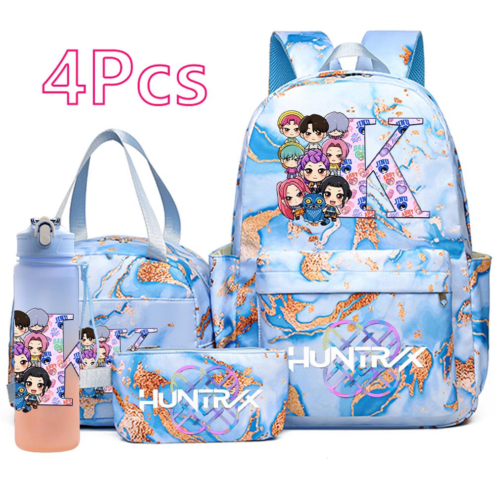 4Pcs/set Anime K-Pop Printed Backpack Handbag Pencil Case with 750Ml Water Bottler for Teenager Boy Girl Schoolbag Large Capacity Bookbag Kid Gift