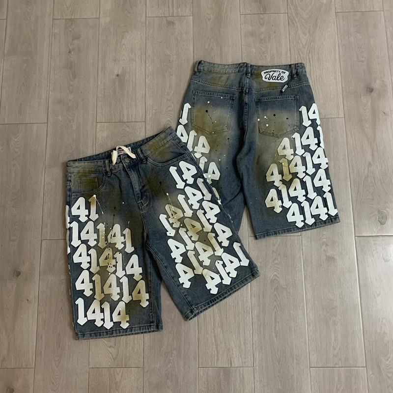 Trendige Marke Va & le digitaler Buchstabenaufkleber bestickte Jeans-Shorts mit Tintenspritzern Herren und Damen High Street alte Fünf-Punkt-Hosen