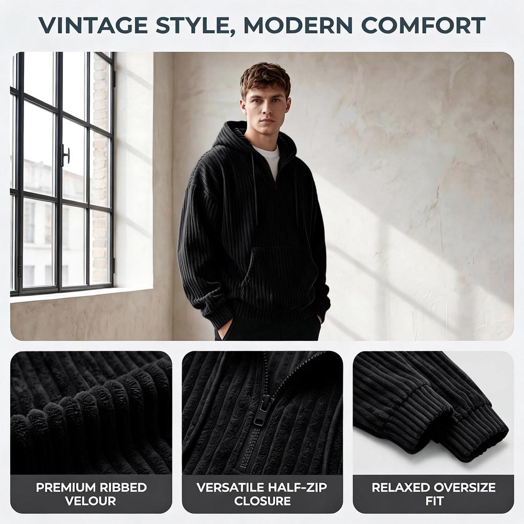 Men's Vintage Corduroy Half Zip Hoodie with Large Pockets