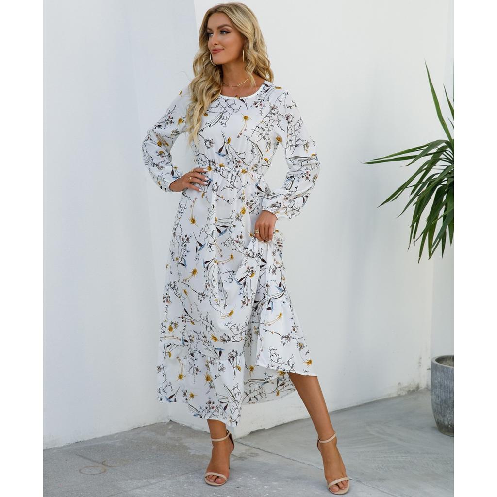 Women's Fashion Summer Spring Floral Print Long Sleeve O-Neck High Waist Casual Dresses
