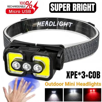Wellensensor LED Stirnlampe XPE+COB+LED Scheinwerfer 6 Modi Typ-C Wiederaufladbar Nachtangeln Stirnlampe Outdoor Camping Wandern Laterne