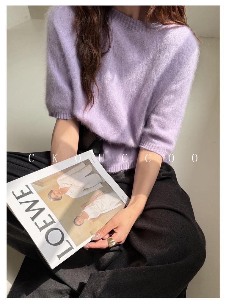 Rong Tai Women's Multi-color Cashmere Knit Top - Round Neck, Mid-Sleeve, Soft & Loose