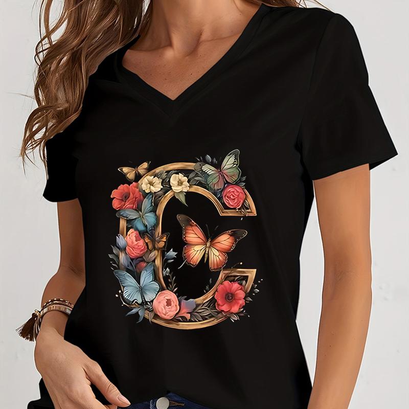 Women Tshirts AZ 26 Alphabet Flower Vintage Design Premium Tshirt Vintage Butterfly Flower 26 English Alphabet Summer Tshirt