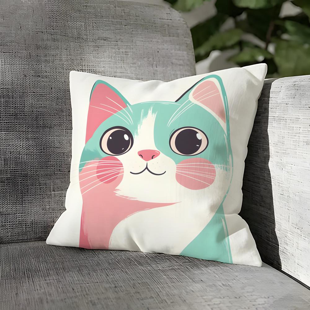 Cute Pink Cat Pattern Pillow Case Linen Pillows Case Cushions Case Sofa Pillows Case Decor Home