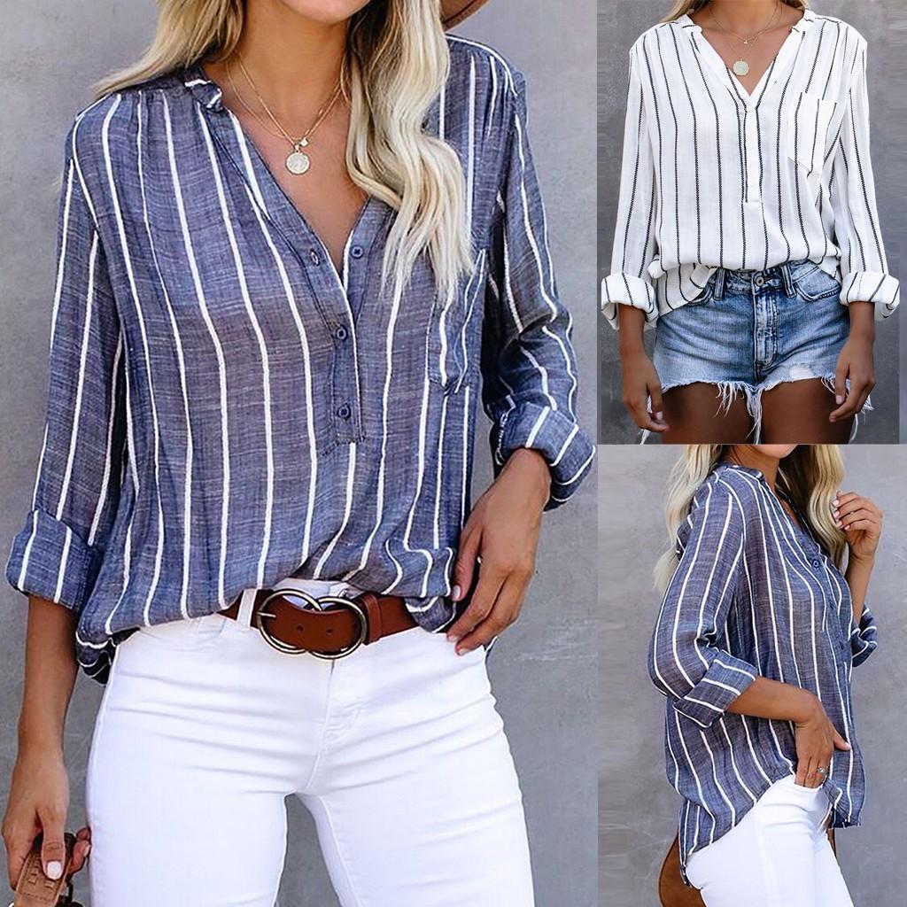 

Женские повседневные блузки с длинными рукавами и полосатыми карманами и V-образным вырезом