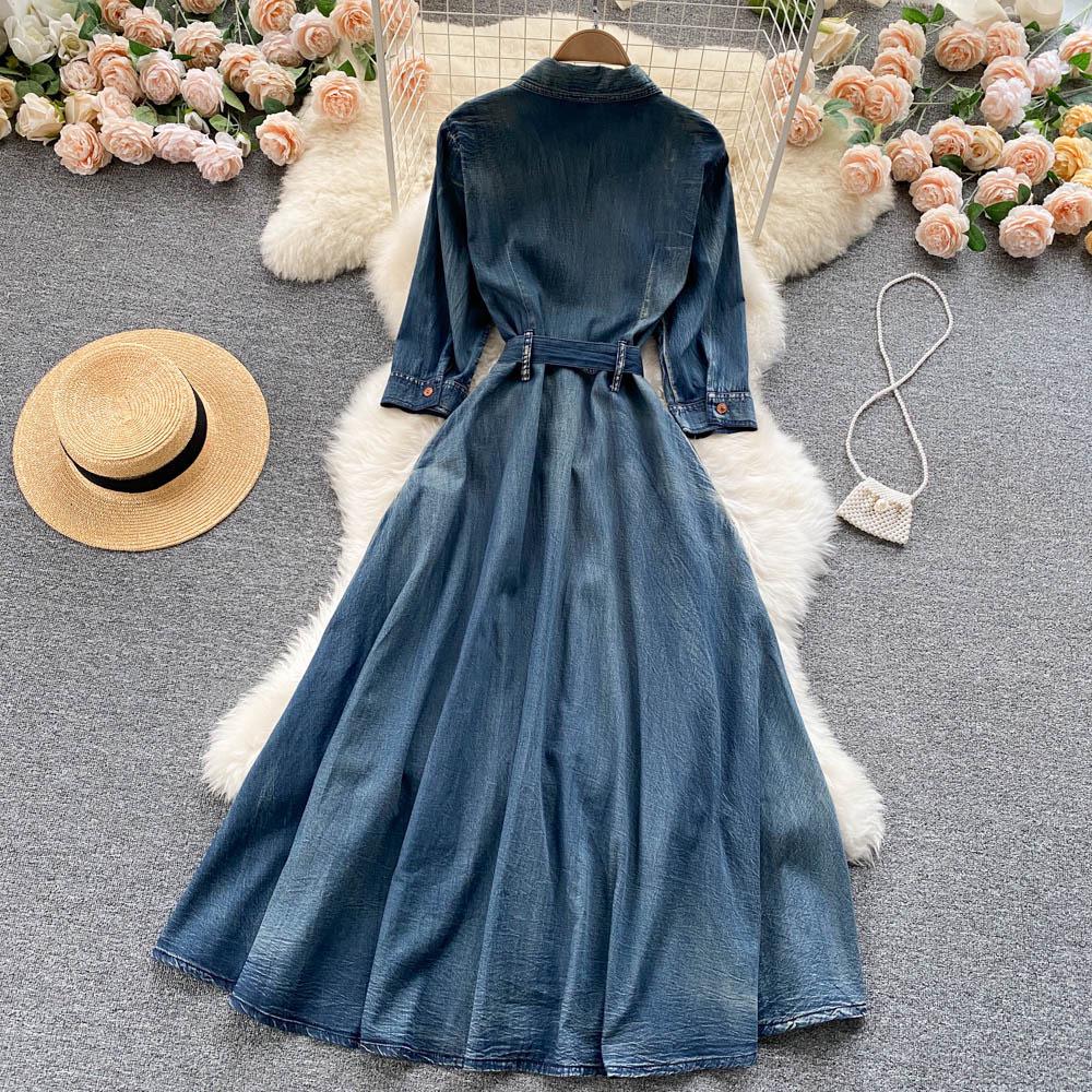 Hong Kong Style Retro Embroidered Denim Dress for Women