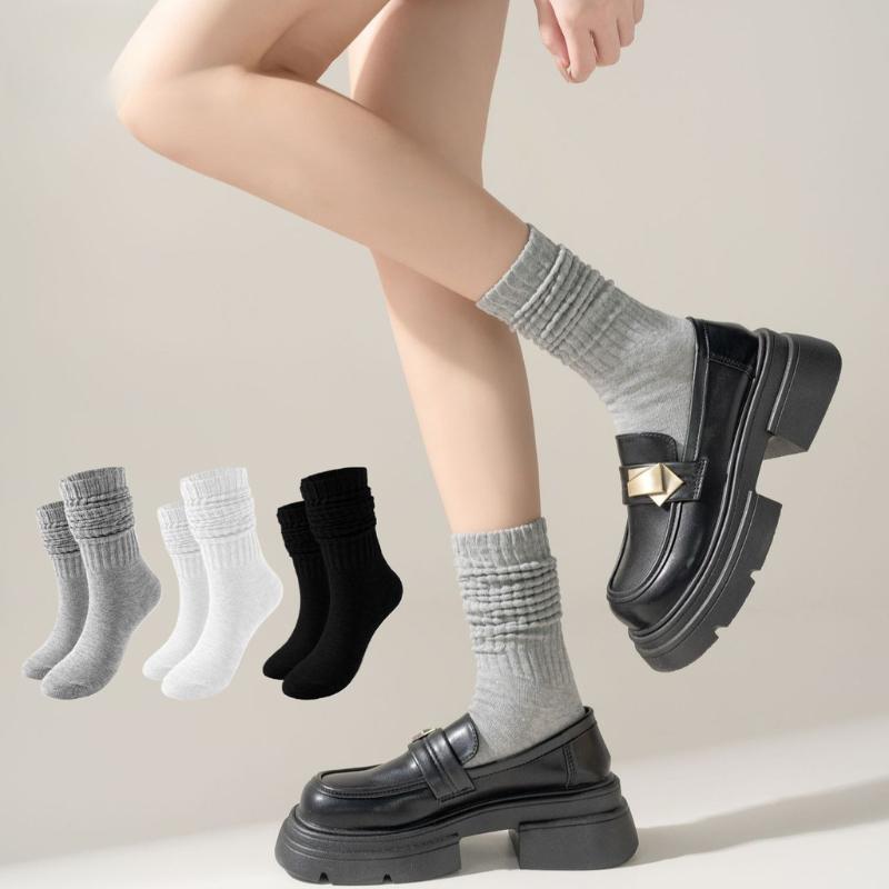3 Pairs Womens Calf Socks Middle Length Scrunch Stacked Sock Cotton Boot Socks for Girls Trendy Solid Color JK Student Socks