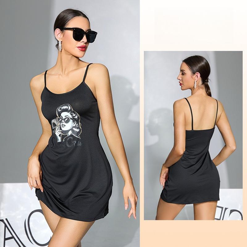 Multi-Pattern Short Cami Nightgown Unique Print Black/White Women's Loungewear 929 Trendy Versatile Sleepwear with Bold Print Choices