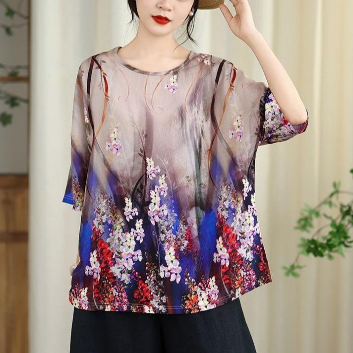 Women's Cotton Linen Printed T-Shirt Summer Thin Short Sleeve Loose Round Neck T-Shirt Top
