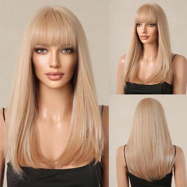 Peruci sintetice drepte maro închis de lungime medie cu breton pentru femei Perucă netedă cu aspect natural din fibră rezistentă la căldură