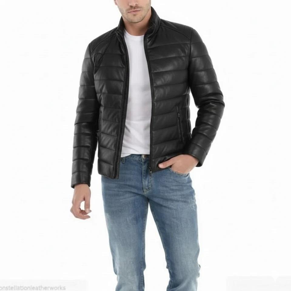 Veste Puffer Homme Fait Main Cuir Noir Moto Élégante Décontractée Agneau Doux Biker