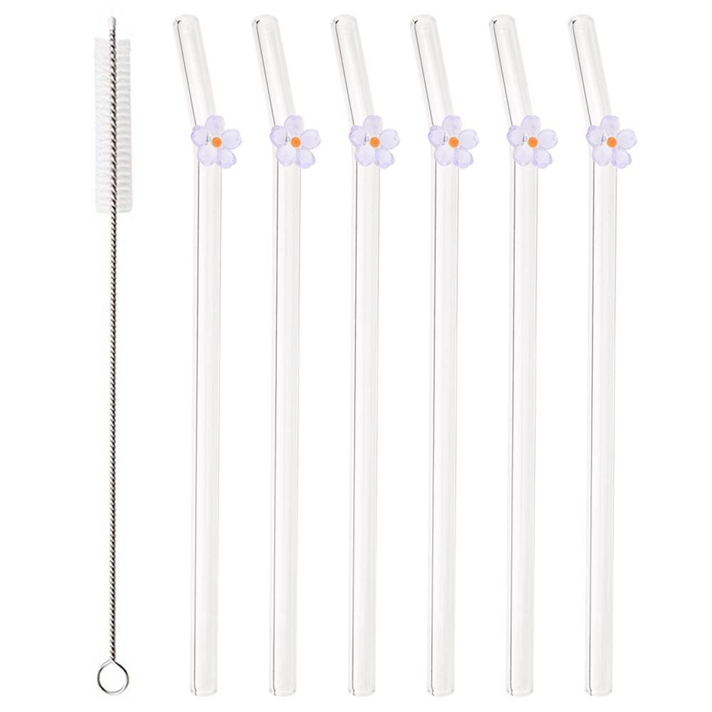 Flower Glass Straws Straight Bend Straws Eco Friendly Reusable Clear Straw for Smoothies Cocktails Drinking Bar Party Tool