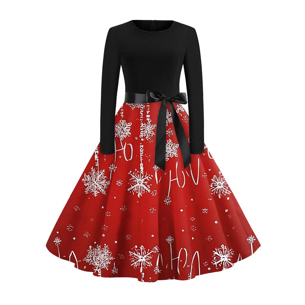 Damen Modisches Und Elegantes Herbst- Und Winter Langarm Rundhals Weihnachtsdruck Kleid