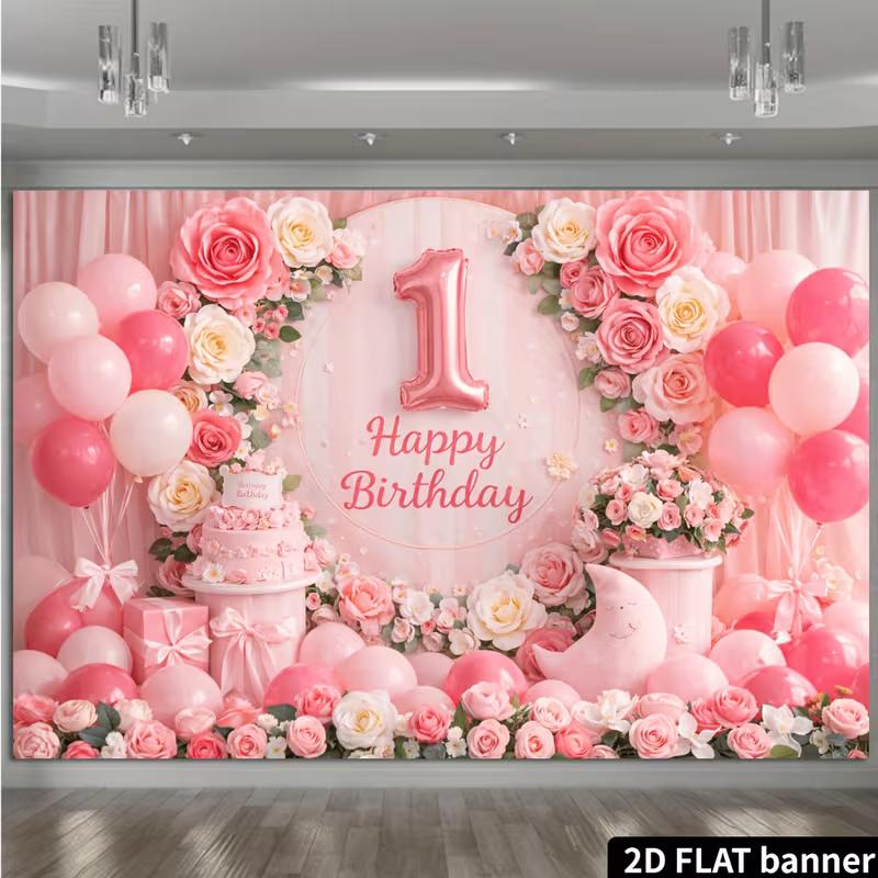 2D Girl's First Birthday Backdrop with Flowers and Balloons Photo Background