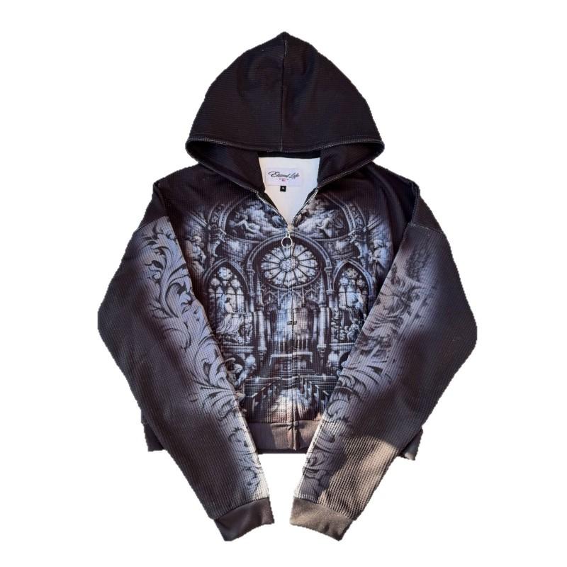Y2K Vintage Court Mikina na zip Jasně žlutá Tisk s malbou kostela Streetwear