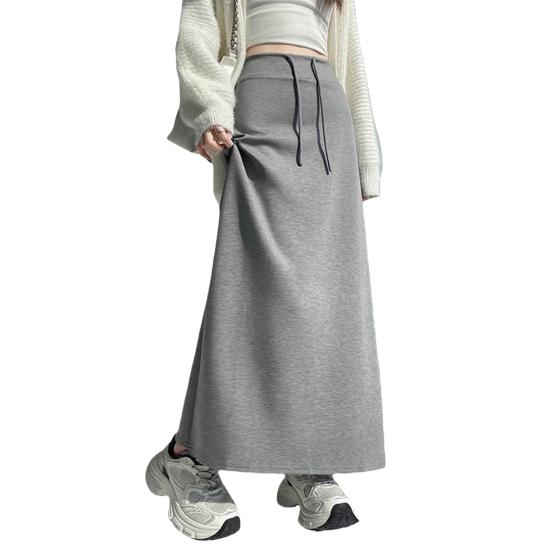 Women Sport Skirt High Waisted Adjustable Drawstring Long Skirt with Hem Slit Pure Color Slimming Design Casual Athletic Skirt