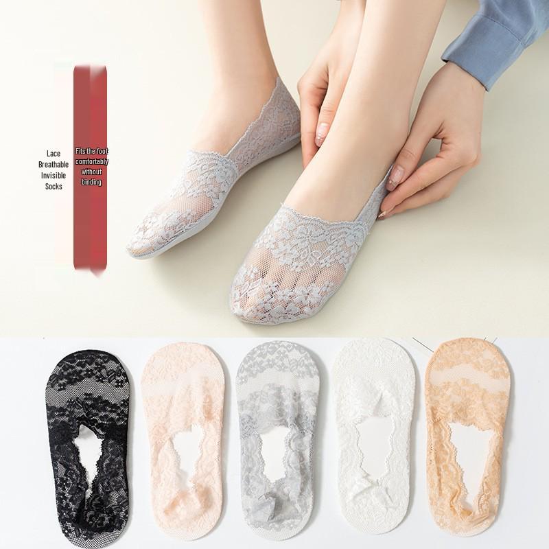 Cherry Blossom Lace-Trim Invisible Non-Slip Boat Socks - Breathable No-Show Summer Footwear