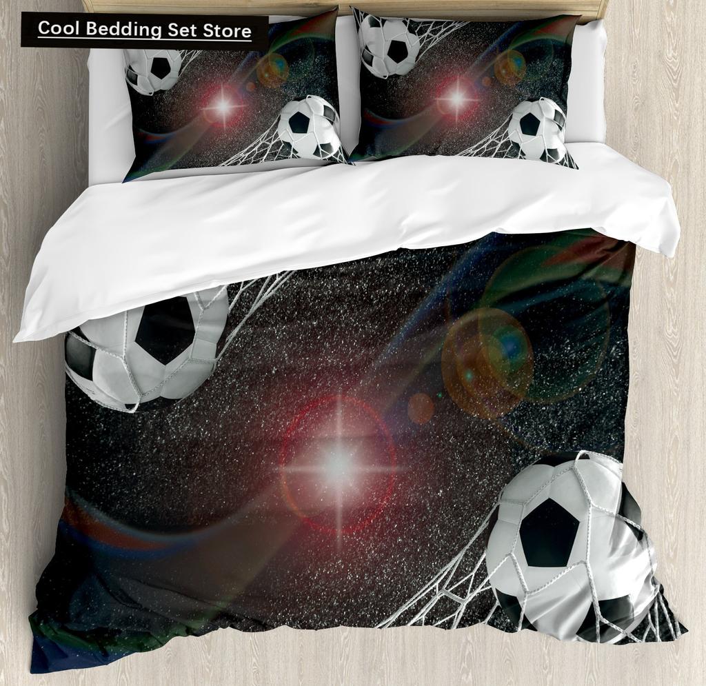 3D Football King Queen Duvet Cover Soccer Bedding Set for Kids Teens Boys Ball Sports White Red 2/3pcs Polyester Quilt Cover
