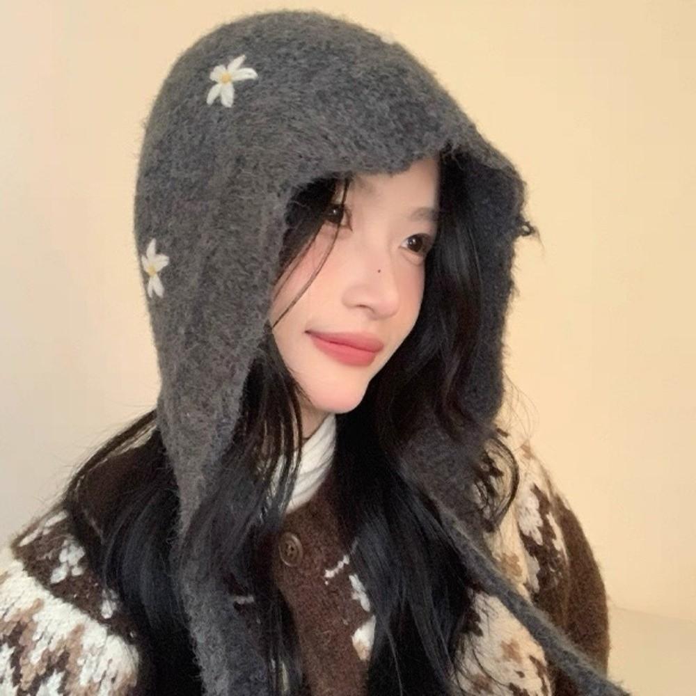 Woolen Neck Collar Beanies Cap Embroidered Flowers Pullover Cap Cute Knitted Balaclava Hat Female