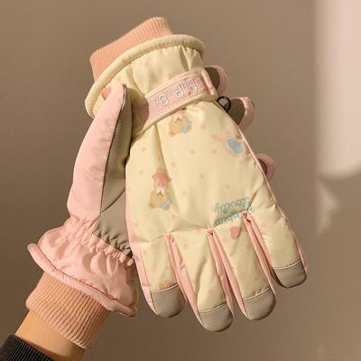 Niedliche rosa Bären-Skihandschuhe für Damen Winter Touchscreen Plus Samt Wasserdicht Warm Winddicht Radfahren Outdoor