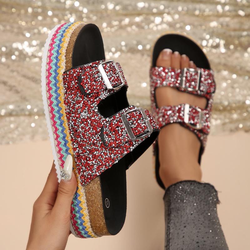Slippers Fashion Rhinestone Double Buckle One Pedal Platform Women's Beach Sandals Large Size