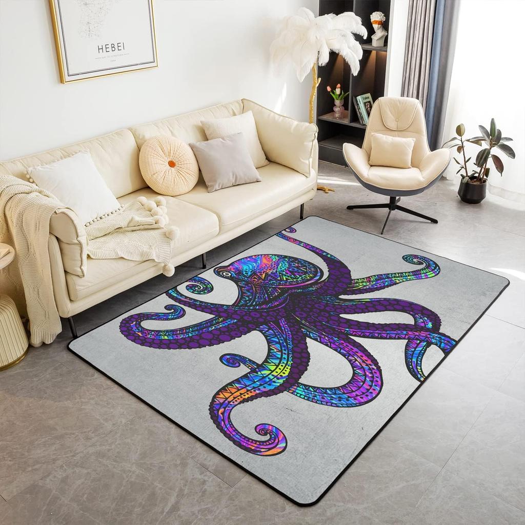 Sea Octopus Underwater World Watercolor Octopus Print Large Rug Modern Art Ocean Animals Decor Floor Mat Non-Slip Indoor Carpet