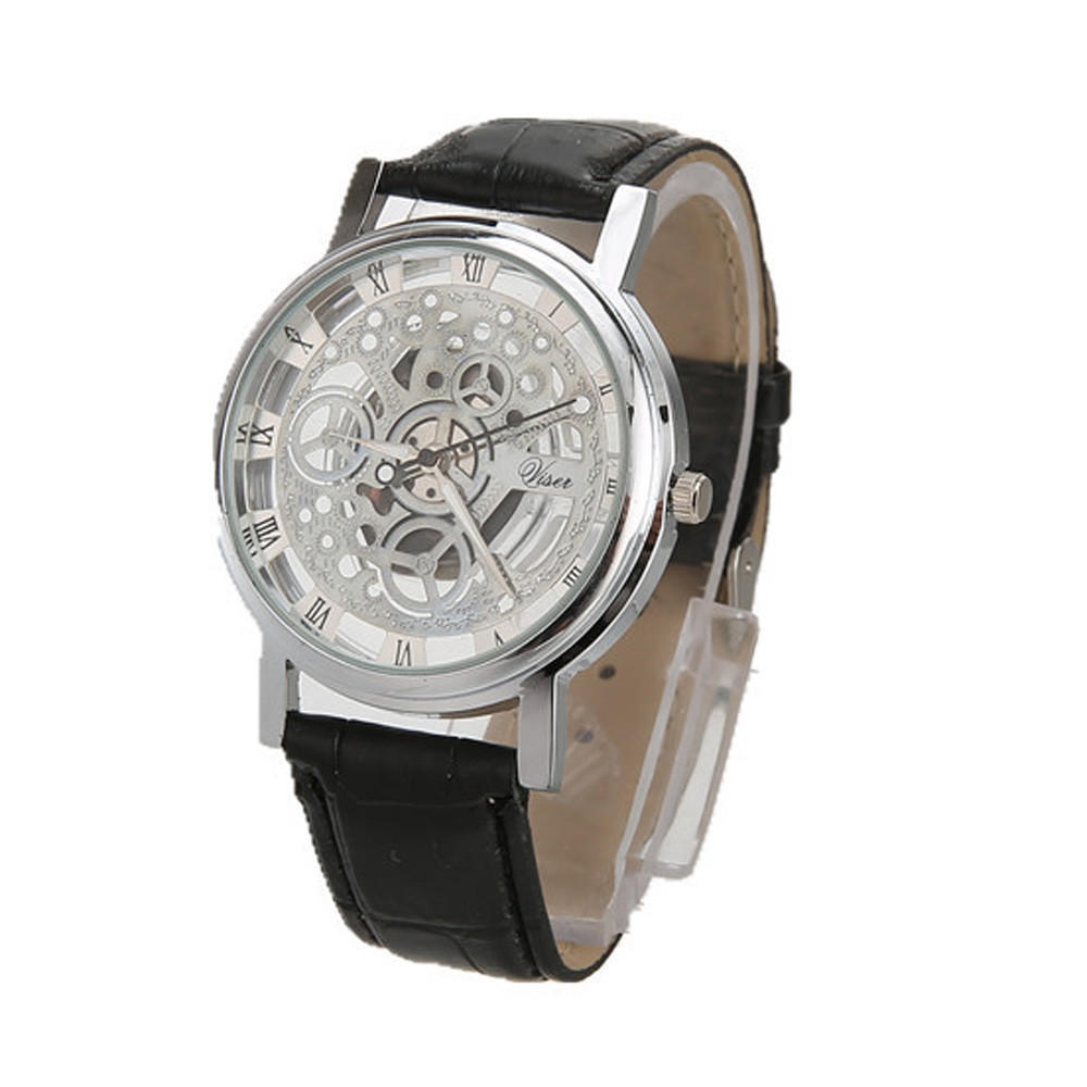 Men’s Skeleton Mechanical Watch with White Leather Strap, Roman Numerals, Transparent Dial, Classic Vintage Design, Automatic Movement