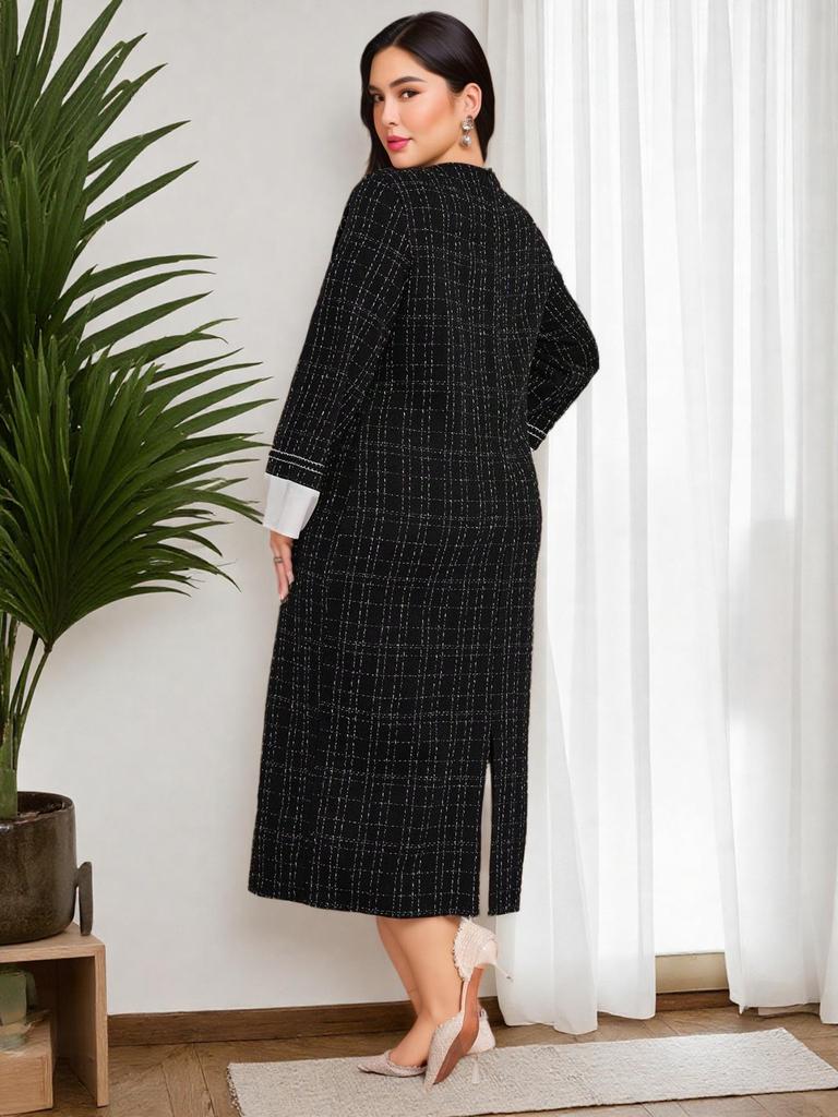 Middle East Houndstooth Long Sleeve Plus Size Round Neck Dress