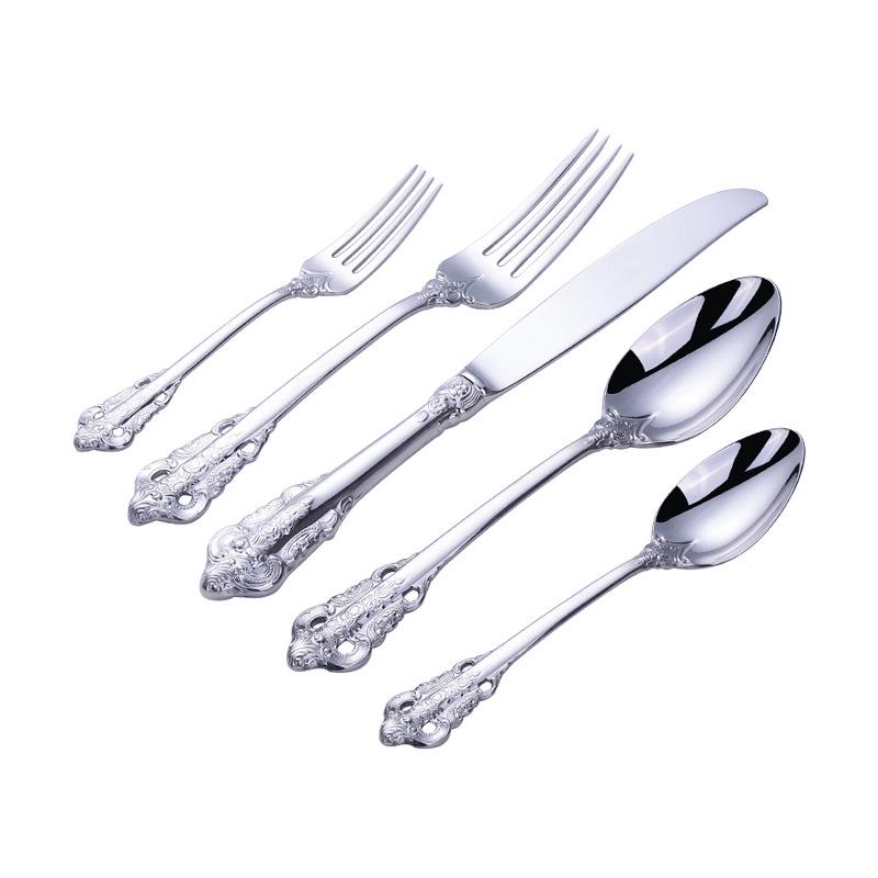 European Retro Stainless Steel Embossed Cutlery Set: Steak Knife, Fork, Spoon, Cake Fork, Dessert Fork, Soup Ladle