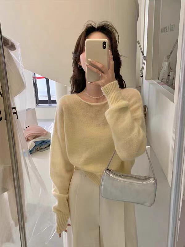 Korean Style One-Shoulder Wool Knit Sweater for Women - Autumn/Winter, Loose Fit, Plus Size, Street Style Base Layer Top