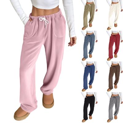 Pyjamahose für Damen, Plüsch-Schlafhose, weiche Pyjamahose mit elastischem Bund, einfarbige Hose mit 2 Taschen