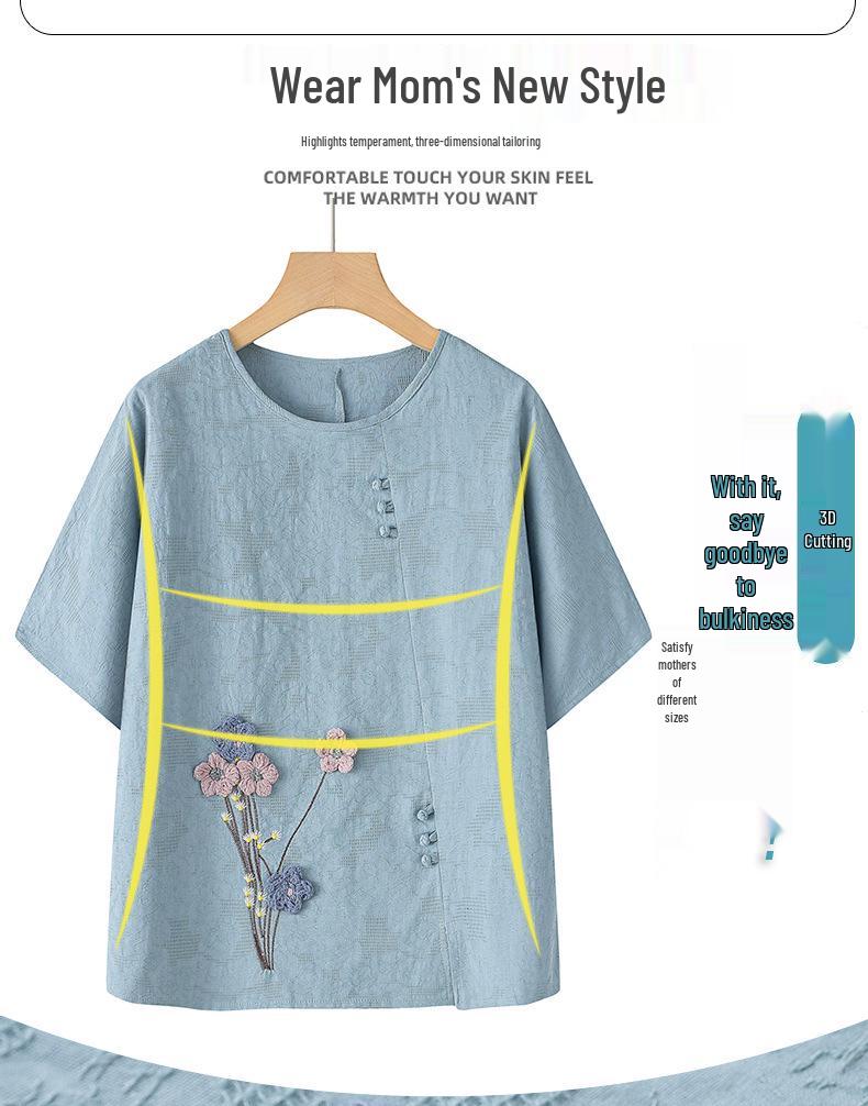 Elderly Women's Fashionable Cotton-Linen Summer Top - Short-Sleeved for Middle-Aged and Older Ladies