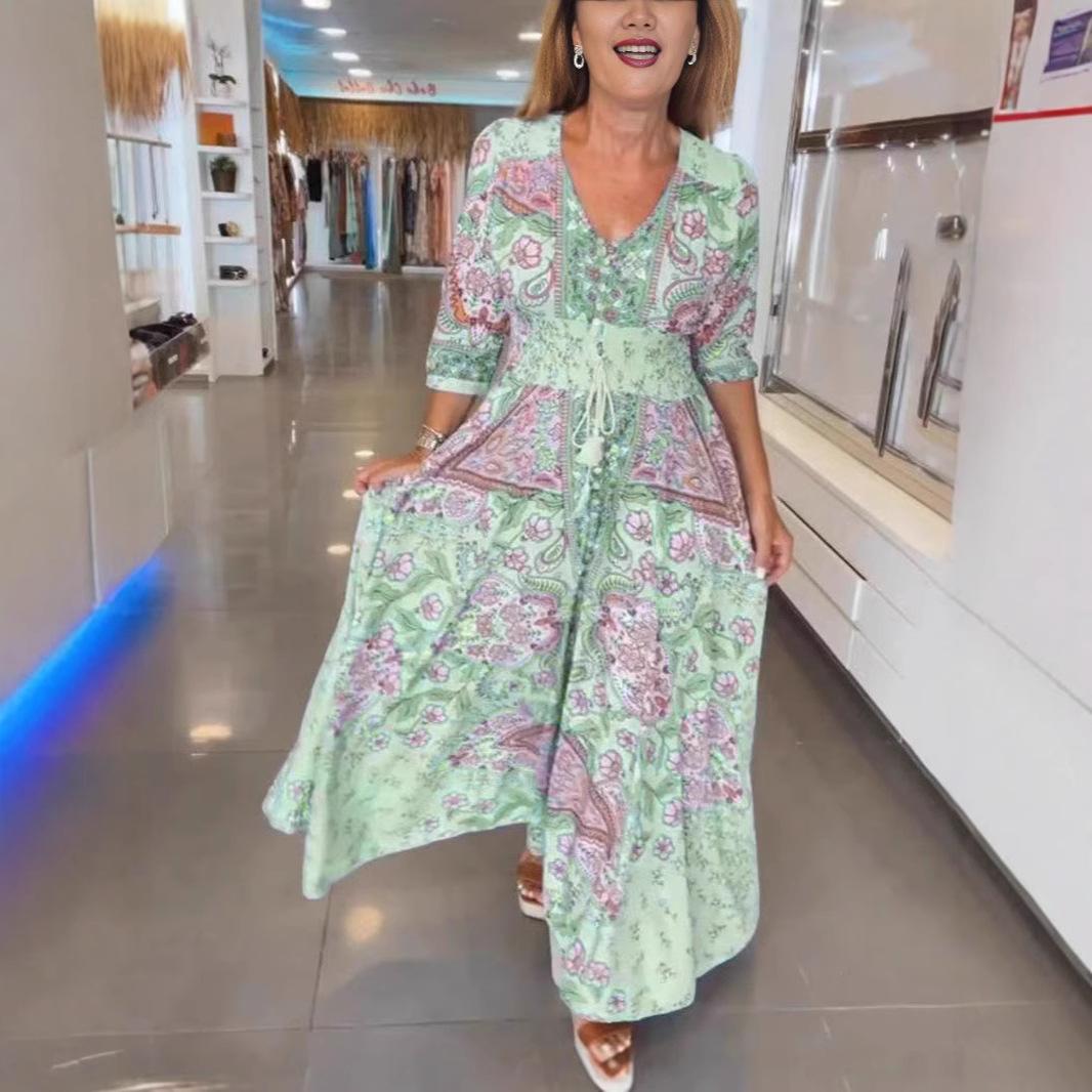 

Элегантное миди-платье с V-образным вырезом и цветочным принтом, кулиской на талии и рукавом 3/4, повседневное летнее платье для женщин S