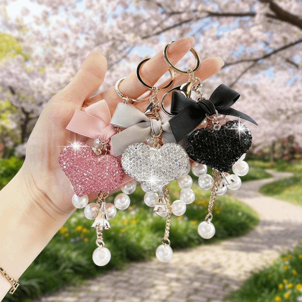 Crystal Rhinestone Heart Keychain Bow & Pearl Tassel Phone Lanyard Car Key Ring  Handbag Accessory