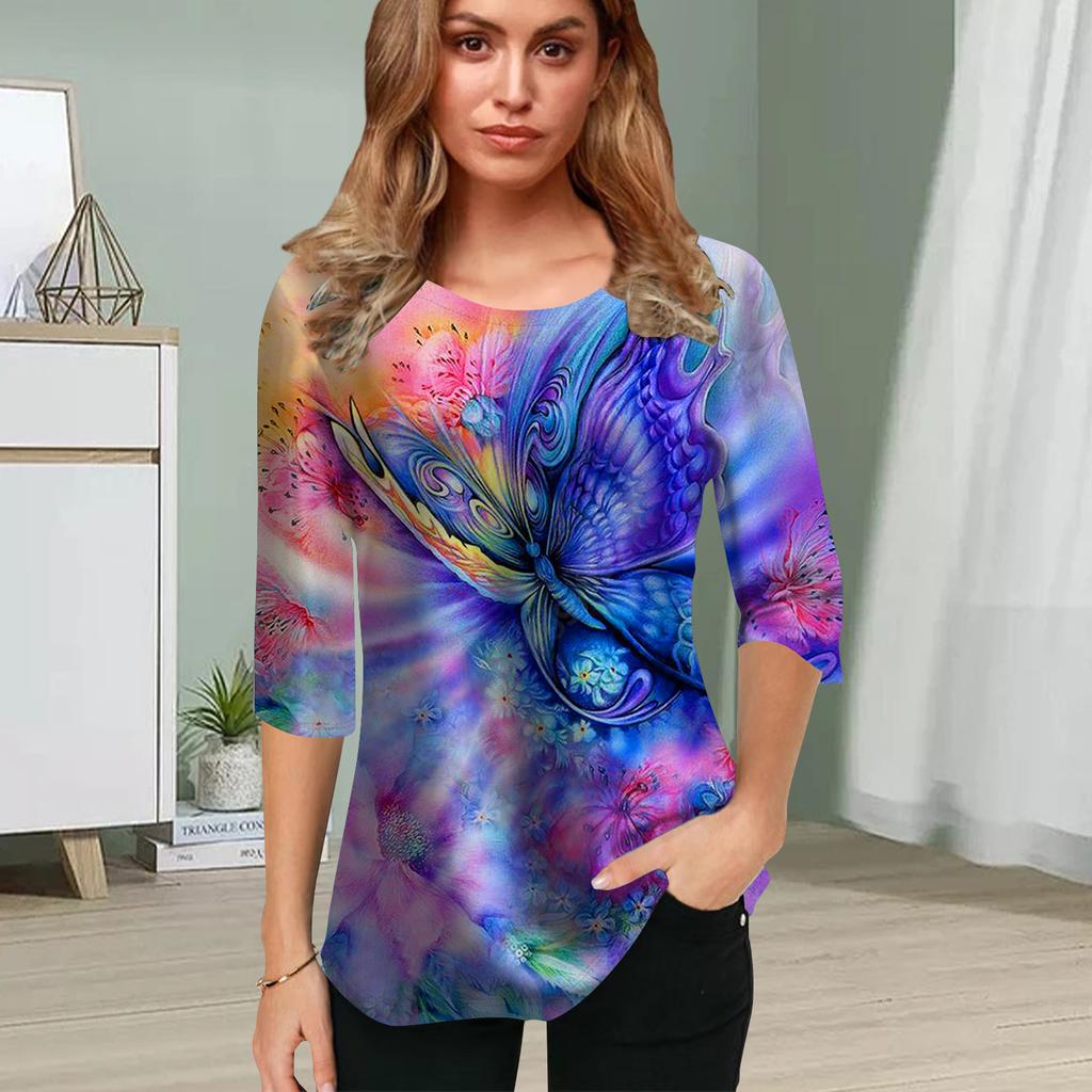 Damen Bluse 3D Twilight Schmetterling Druck Blume Halber Ärmel Oberteile Sommer Freizeit Oberteile Bedrucktes Rundhals Halber Ärmel T-Shirt