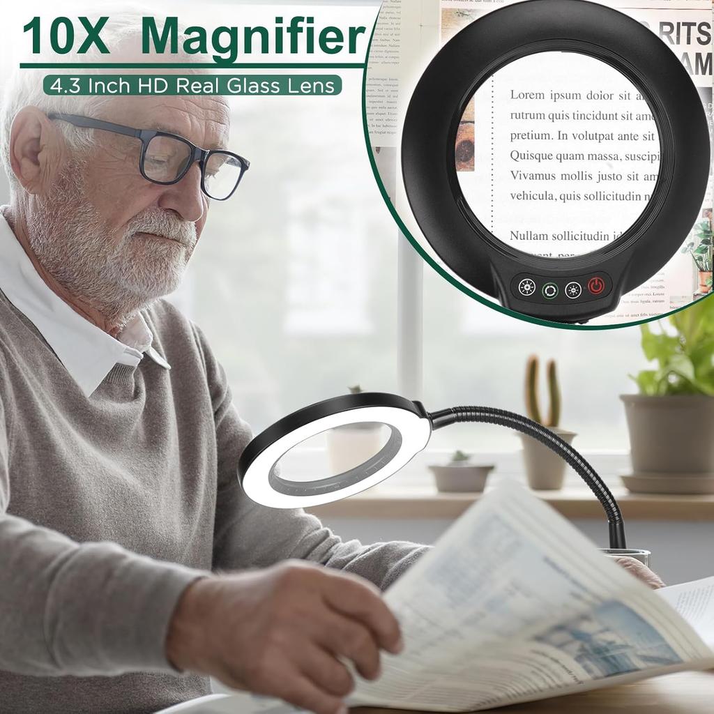 Drdefi 10X Magnifying Glass with Light and Stand, 5 Color Modes Stepless Dimmable Flexible Gooseneck Magnifying Desk Lamp, LED Lighted Magnifier