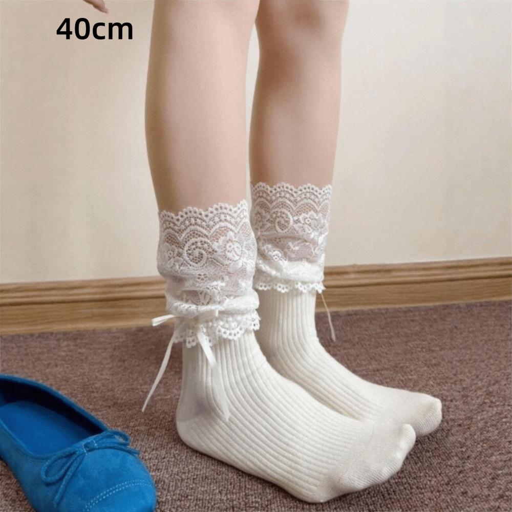 A Pair Lace Edge JK Socks Breathable Comfortable Mid Tube Socks Slouch Style Bow Decoration Ballet Style Socks Autumn and Winter