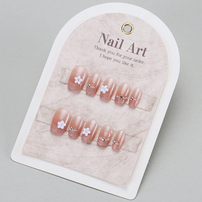 10Pcs Sweet Pink French Press On Nails With 3D White Flowers Glossy Reusable Fake Nails For Women
