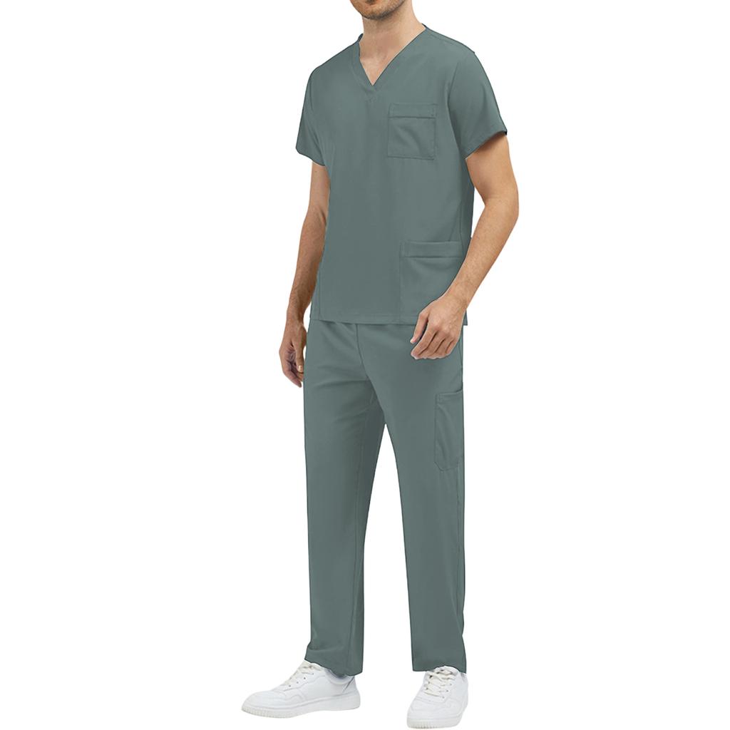Men’s V Neck Short Sleeve Scrub Set Two Piece Uniform with Chest Pocket and Straight Leg Pants for Medical Work