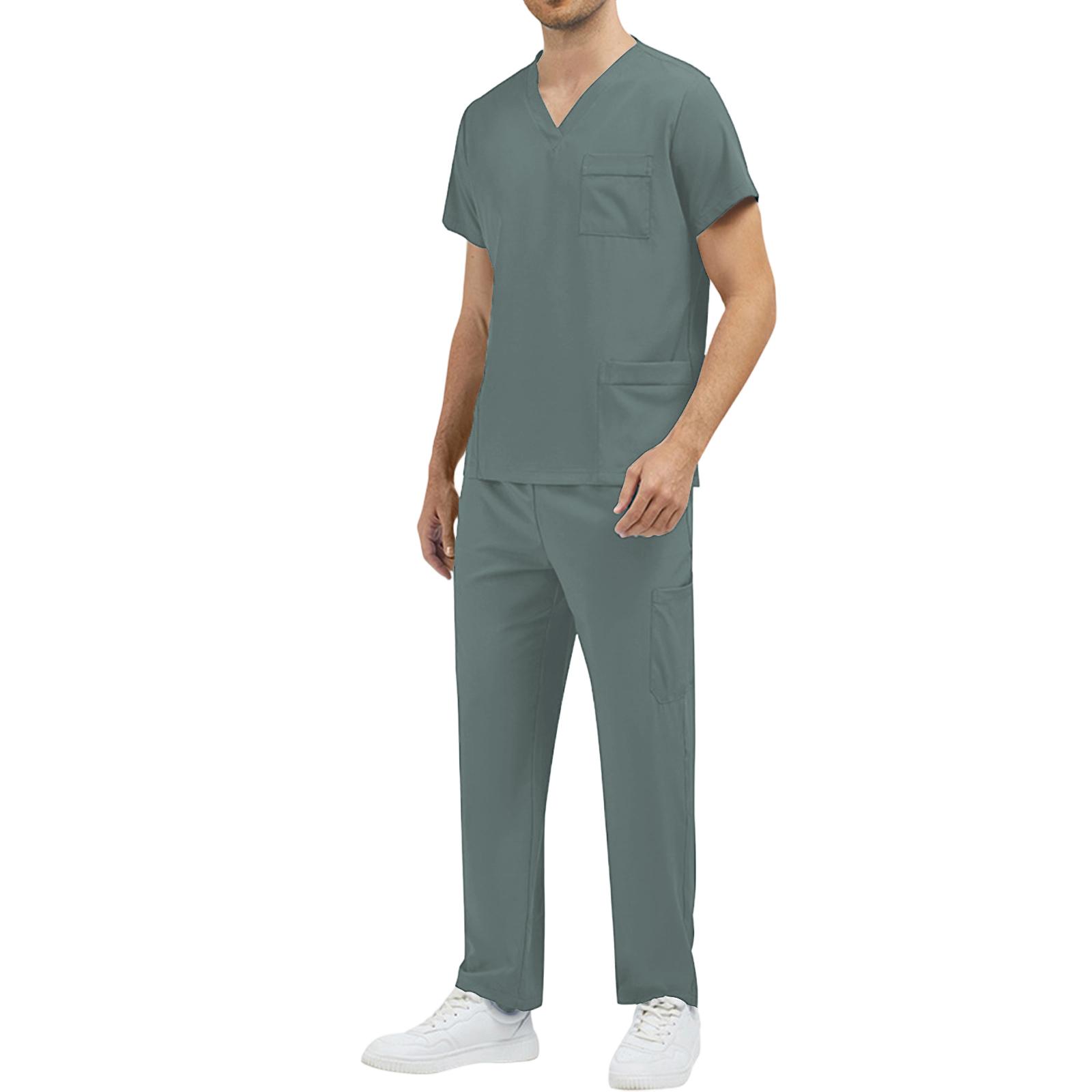 Herren V-Ausschnitt Kurzarm Kasack-Set Zweiteilige Uniform mit Brusttasche und geradliniger Hose für die medizinische Arbeit S gray