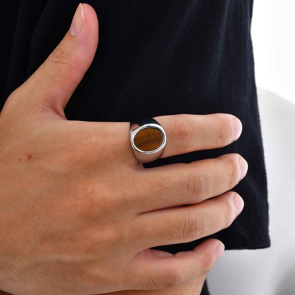 High Quality Round Natural Stone Chunky Ring, Fashion Blue Stone Stainless Steel Signet Ring for Men, Waterproof Classic Jewelry