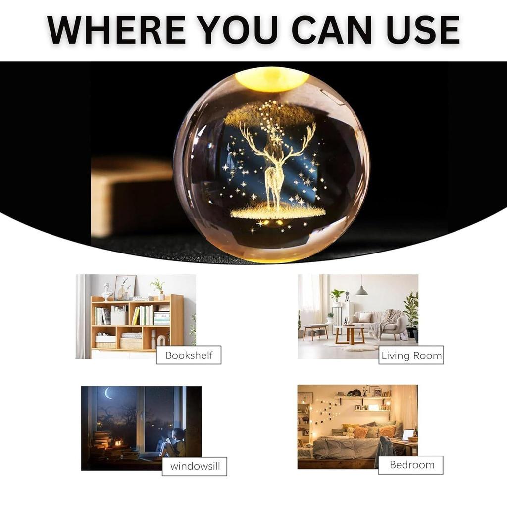 3D Engraved Deer Crystal Globe Lamp | USB LED Night Light with Wooden Base | Creative 6 cm Crystal Ball Table Lamp for Bedroom, Home, (Warm White)