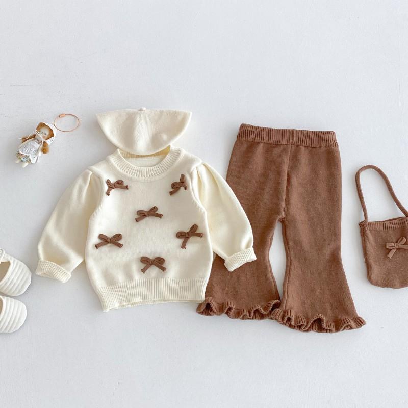 Baby Girl 3-Piece Set Cute Bow Round Neck Top Flared Pants Outfit Toddler Girls