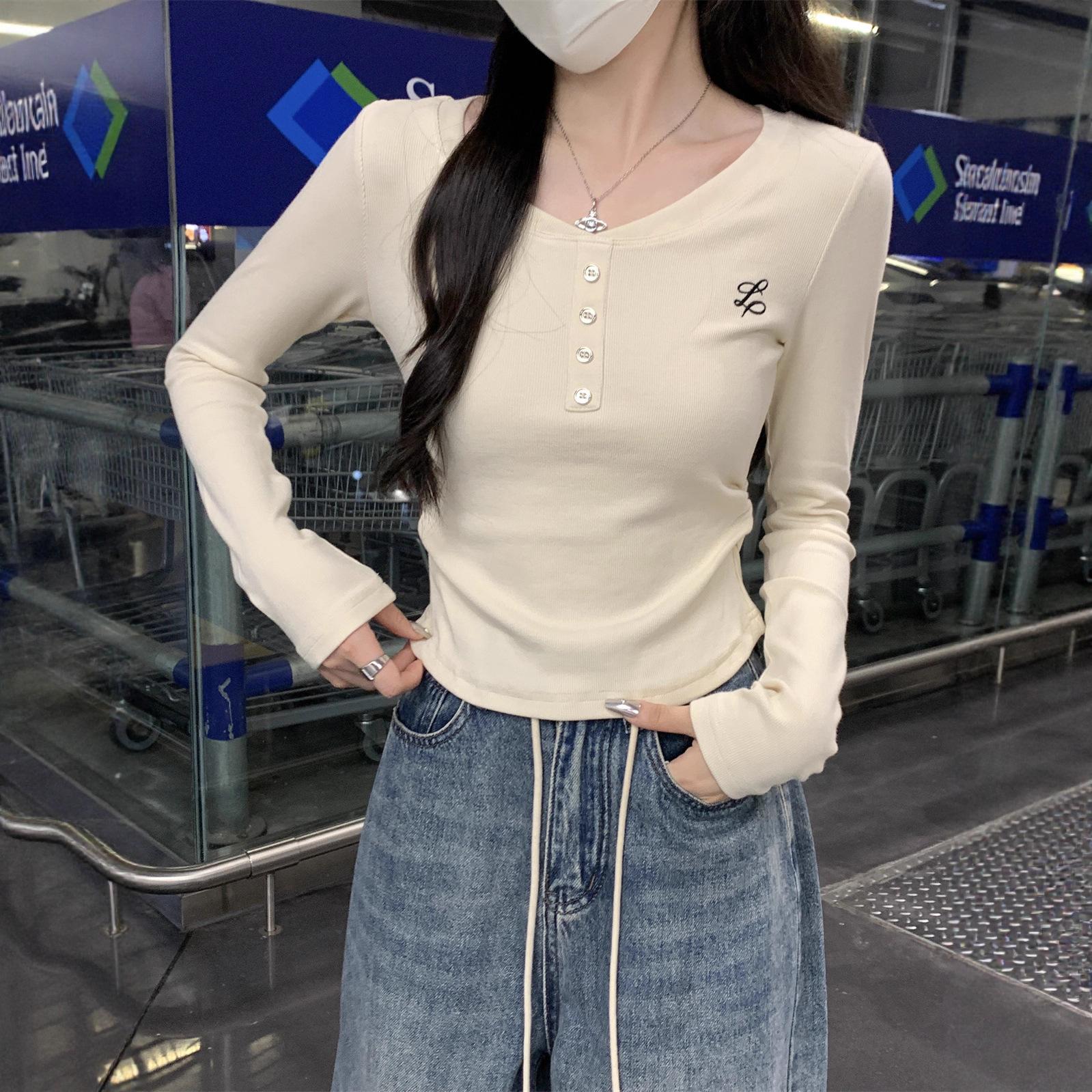 Women s Long Sleeved T-shirt Top Autumn Shoulder Embroidered Button T-shirt Long Sleeved Base Shirt S абрикосовый